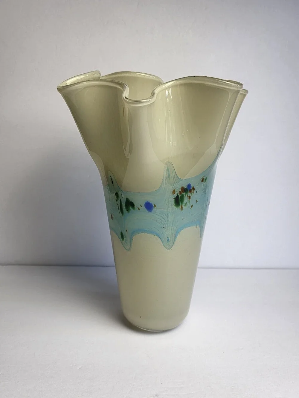 Jozefina Krosno 1970's Handkerchief Art Glass Vase Creamy Yellow Blue 12